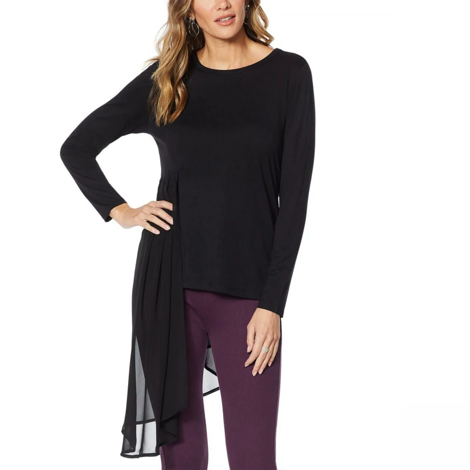 DG2 by Diane Gilman Women's Plus Size Dramatic Mixed Media Asymmetric Top