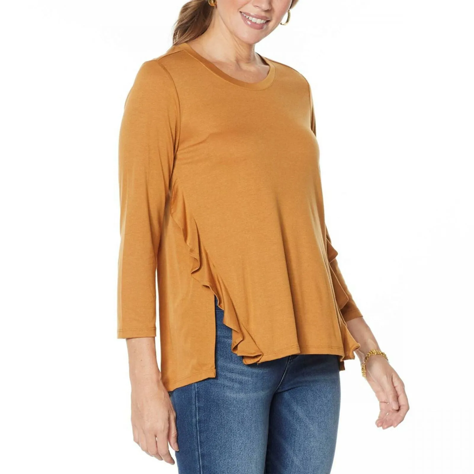 DG2 by Diane Gilman Women's Plus Size Ruffled Knit Hi Low Hem Top