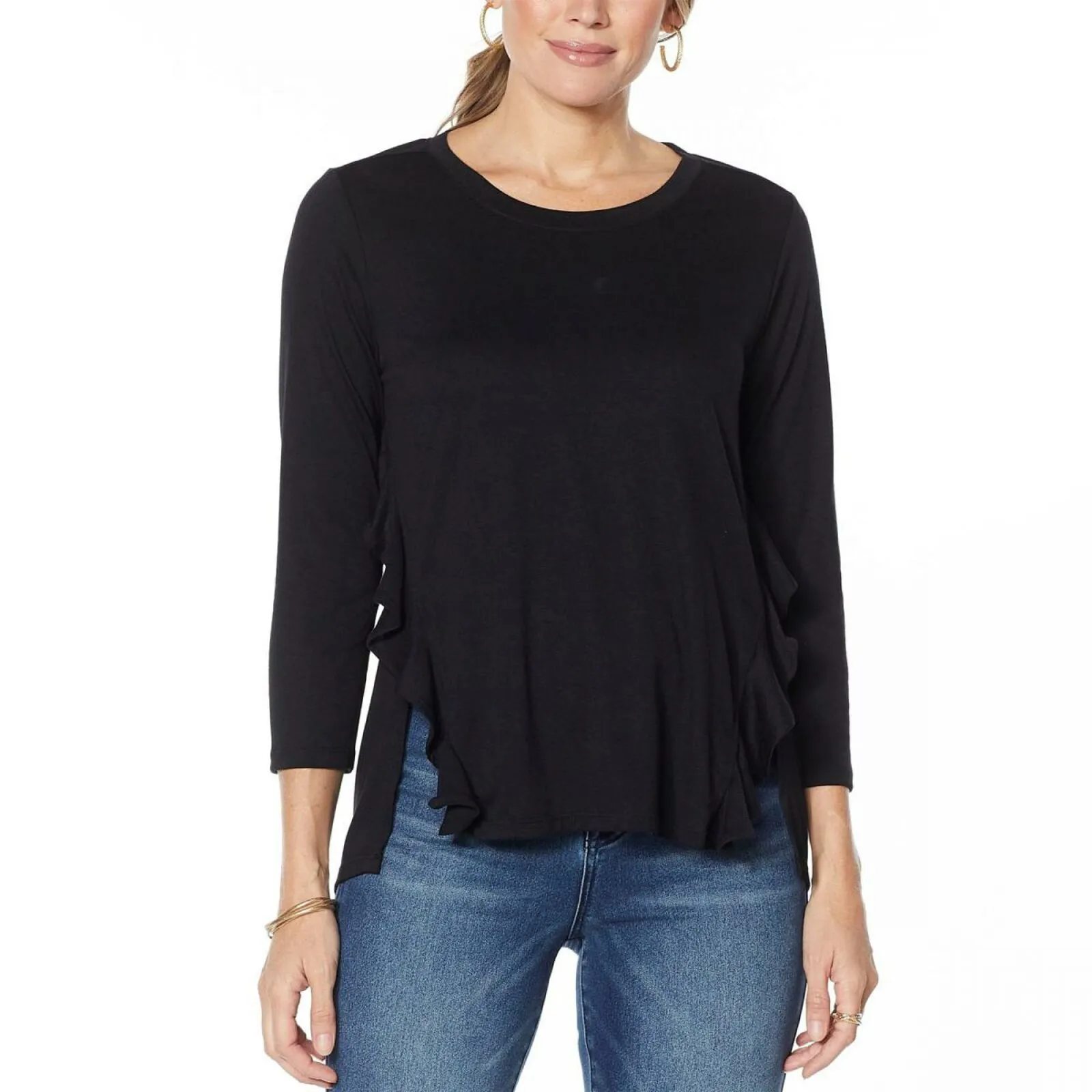 DG2 by Diane Gilman Women's Ruffled Knit Hi Low Hem Top Black XS