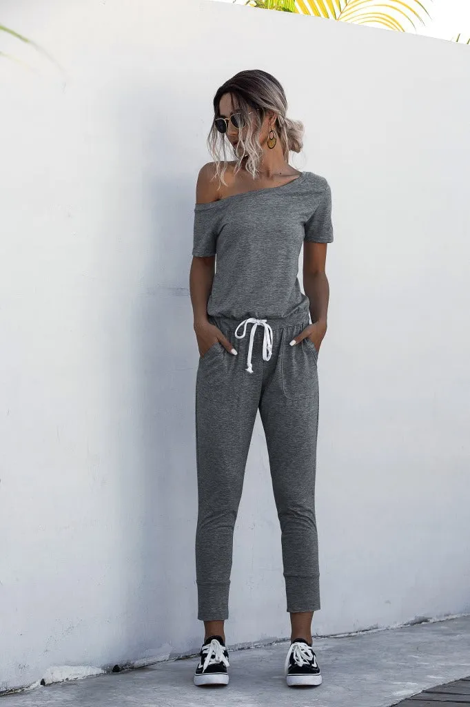 Diagonal Shoulder Lace-up Short Sleeve Casual Jumpsuit Rompers