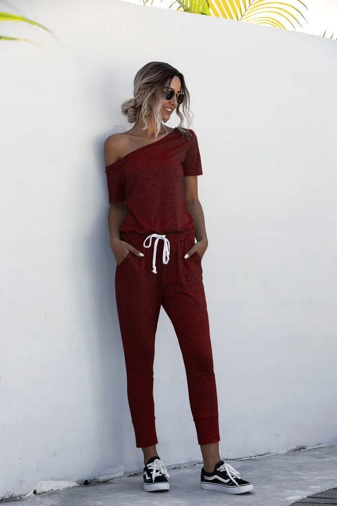 Diagonal Shoulder Lace-up Short Sleeve Casual Jumpsuit Rompers