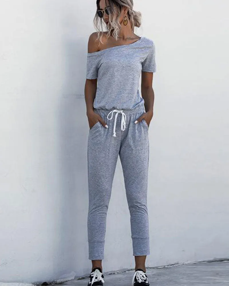 Diagonal Shoulder Lace-up Short Sleeve Casual Jumpsuit Rompers
