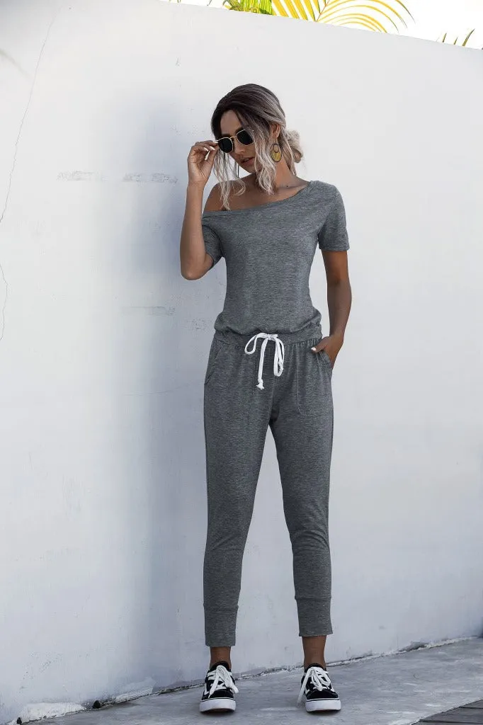 Diagonal Shoulder Lace-up Short Sleeve Casual Jumpsuit Rompers