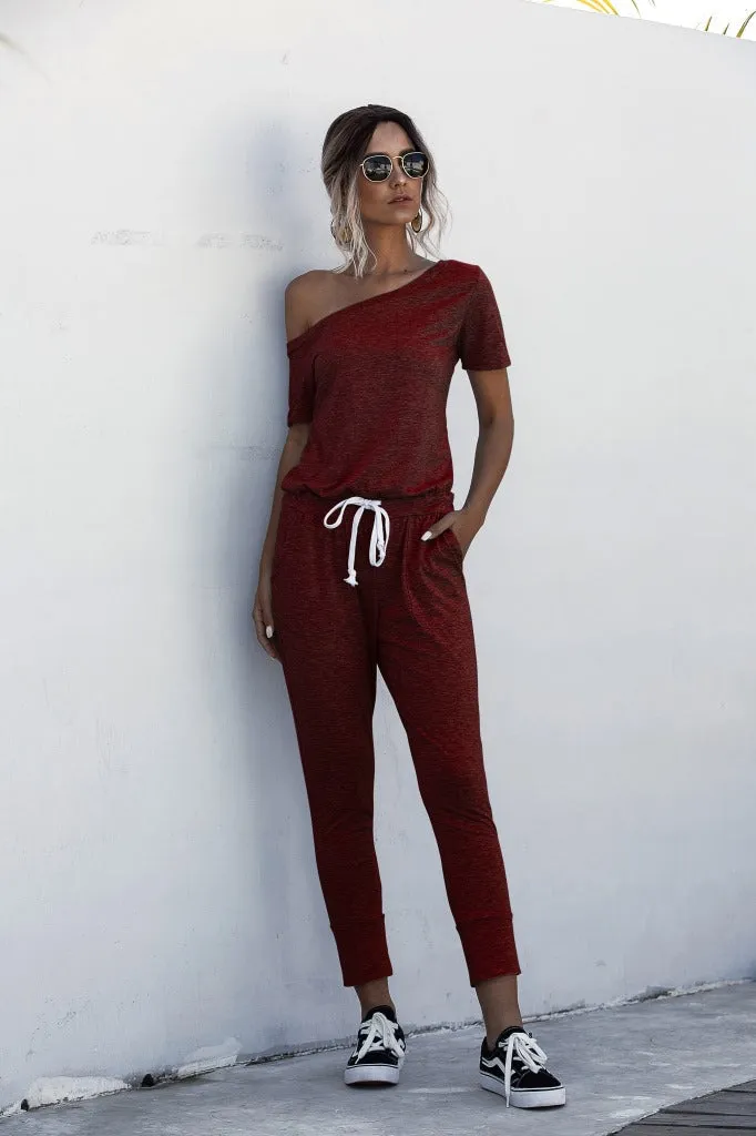 Diagonal Shoulder Lace-up Short Sleeve Casual Jumpsuit Rompers