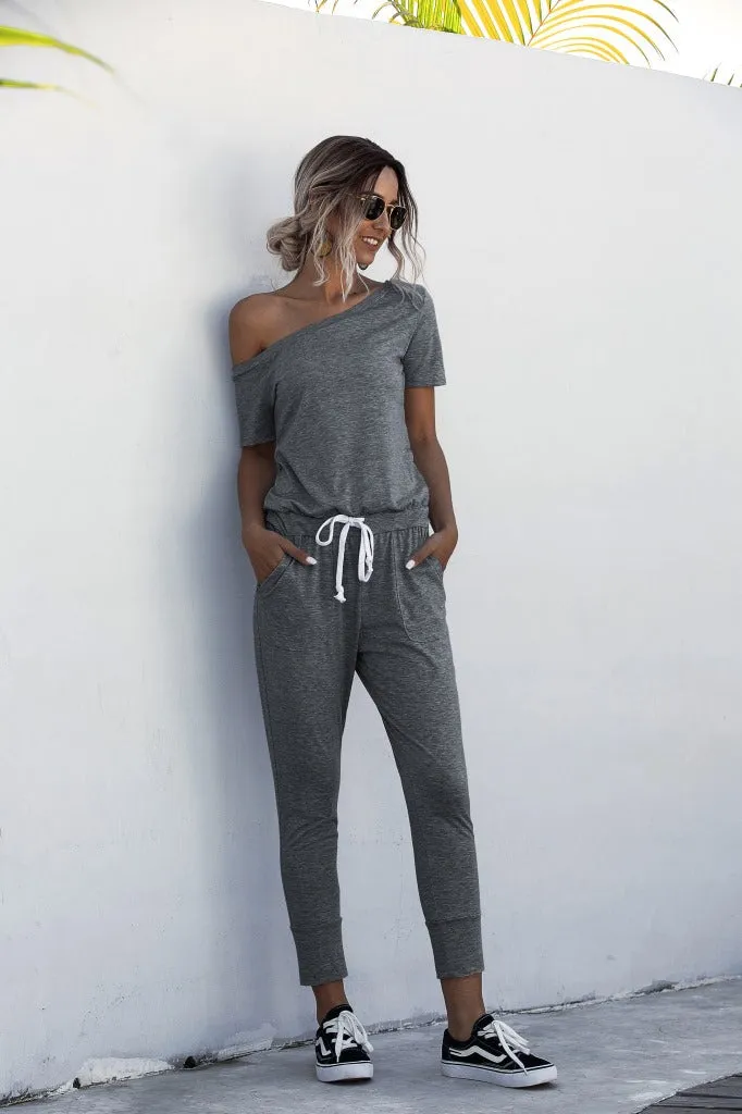 Diagonal Shoulder Lace-up Short Sleeve Casual Jumpsuit Rompers