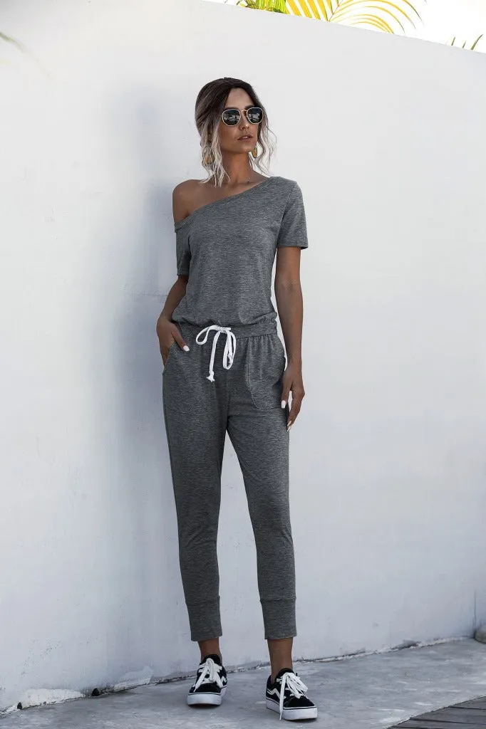 Diagonal Shoulder Lace-up Short Sleeve Casual Jumpsuit Rompers