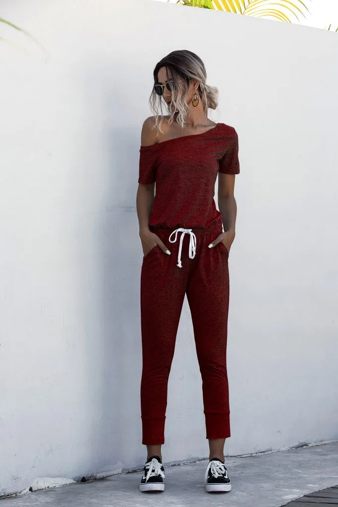 Diagonal Shoulder Lace-up Short Sleeve Casual Jumpsuit Rompers