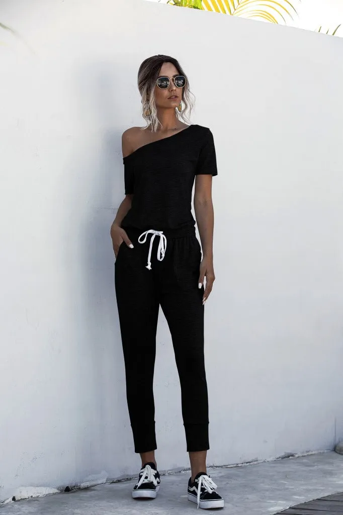 Diagonal Shoulder Lace-up Short Sleeve Casual Jumpsuit Rompers