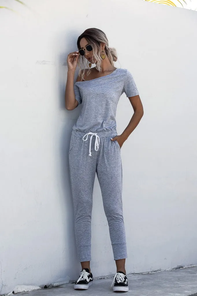 Diagonal Shoulder Lace-up Short Sleeve Casual Jumpsuit Rompers