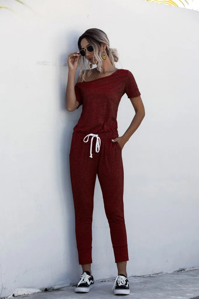 Diagonal Shoulder Lace-up Short Sleeve Casual Jumpsuit Rompers