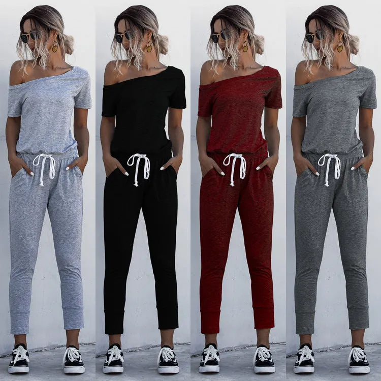 Diagonal Shoulder Lace-up Short Sleeve Casual Jumpsuit Rompers