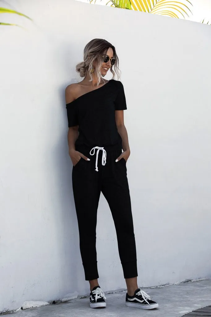 Diagonal Shoulder Lace-up Short Sleeve Casual Jumpsuit Rompers