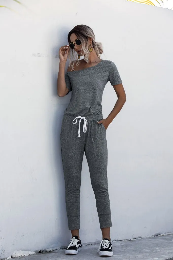 Diagonal Shoulder Lace-up Short Sleeve Casual Jumpsuit Rompers