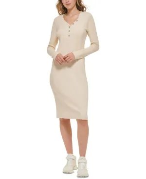 Dkny Jeans Henley-Neckline Long-Sleeve Ribbed Dress E23MDHVW Vanilla Brown M