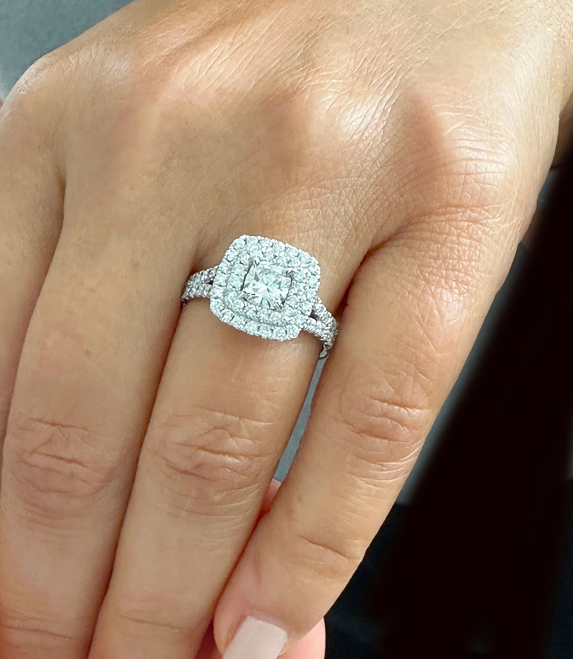 Double Halo Women's 14k solid white gold cushion cut forever one moissanite and natural diamond engagement ring Bridal Wedding Halo 2.00ct