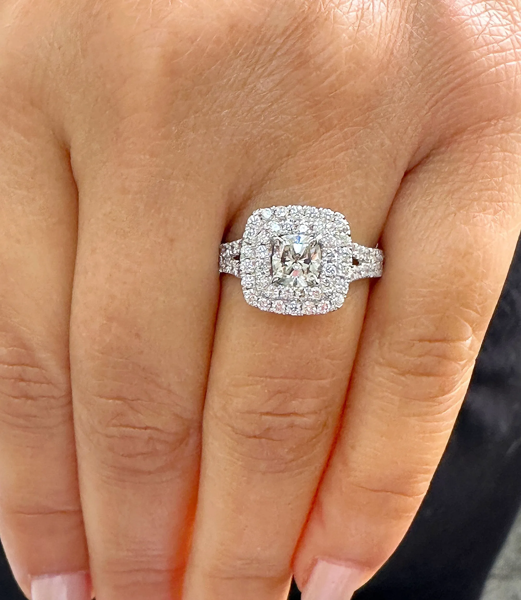 Double Halo Women's 14k solid white gold cushion cut forever one moissanite and natural diamond engagement ring Bridal Wedding Halo 2.00ct