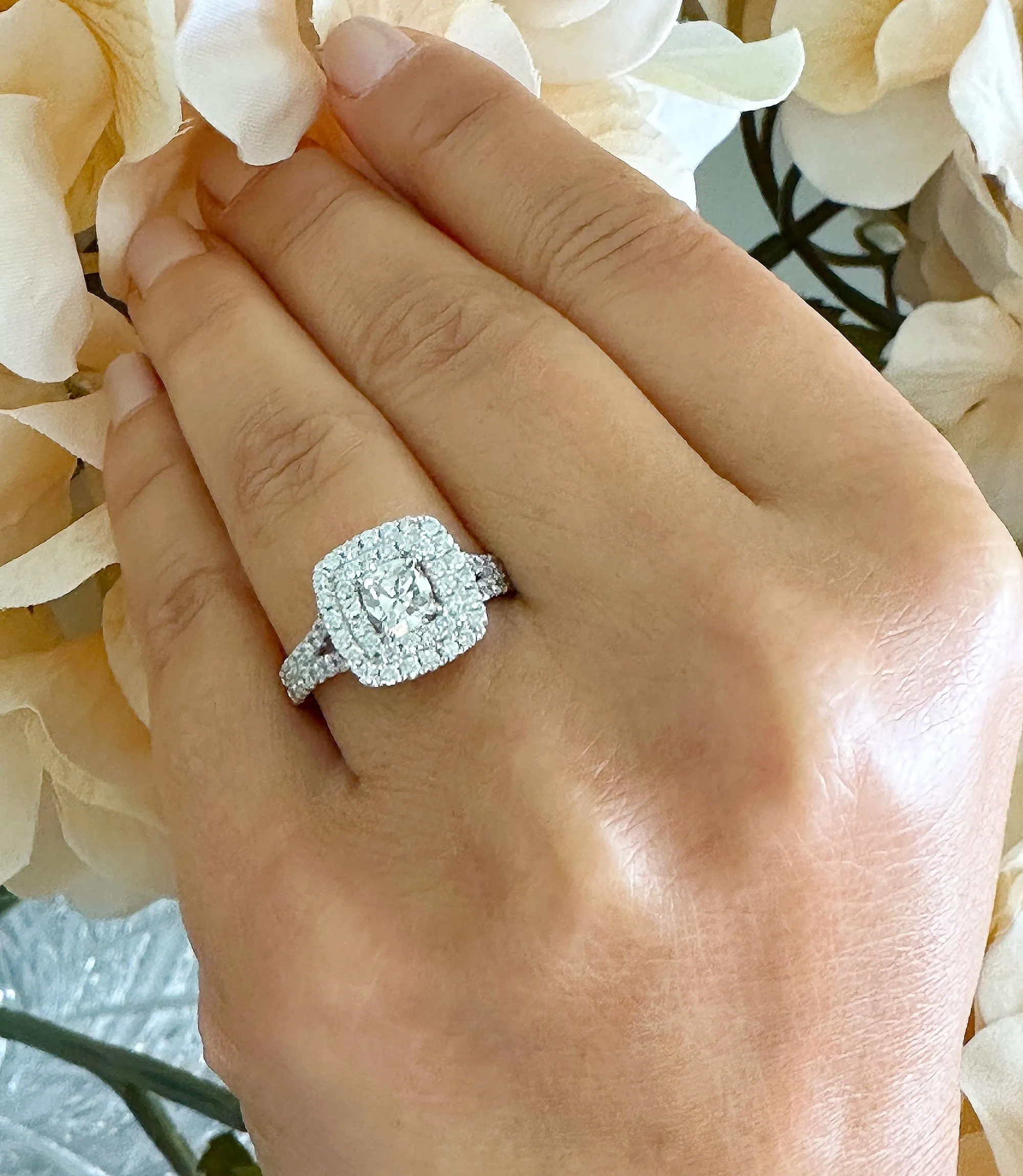 Double Halo Women's 14k solid white gold cushion cut forever one moissanite and natural diamond engagement ring Bridal Wedding Halo 2.00ct