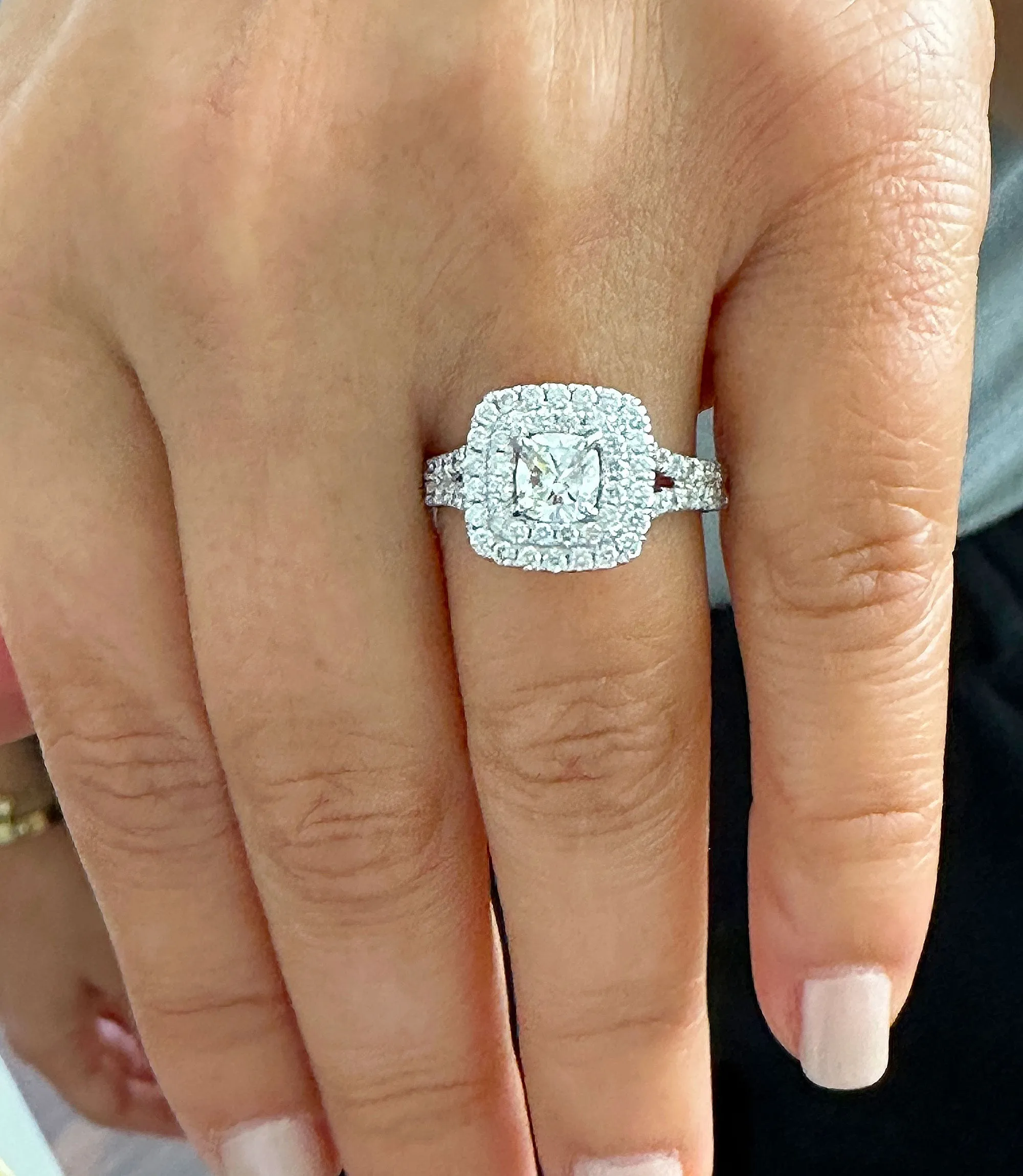 Double Halo Women's 14k solid white gold cushion cut forever one moissanite and natural diamond engagement ring Bridal Wedding Halo 2.00ct