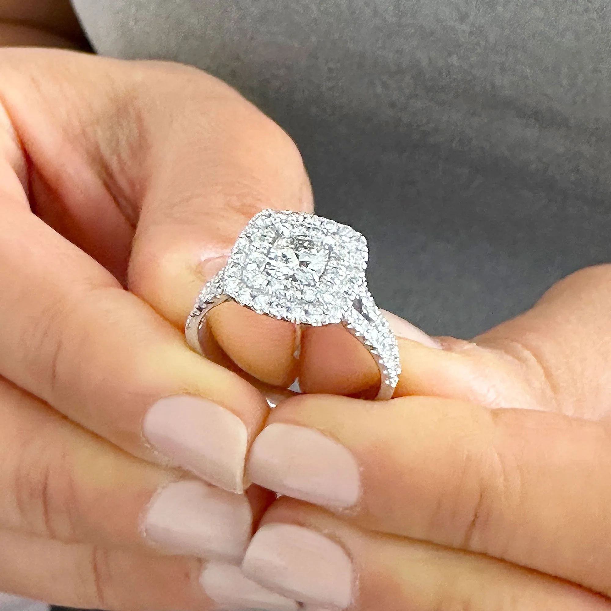 Double Halo Women's 14k solid white gold cushion cut moissanite and natural diamond engagement ring Bridal Wedding Halo 2.00ct
