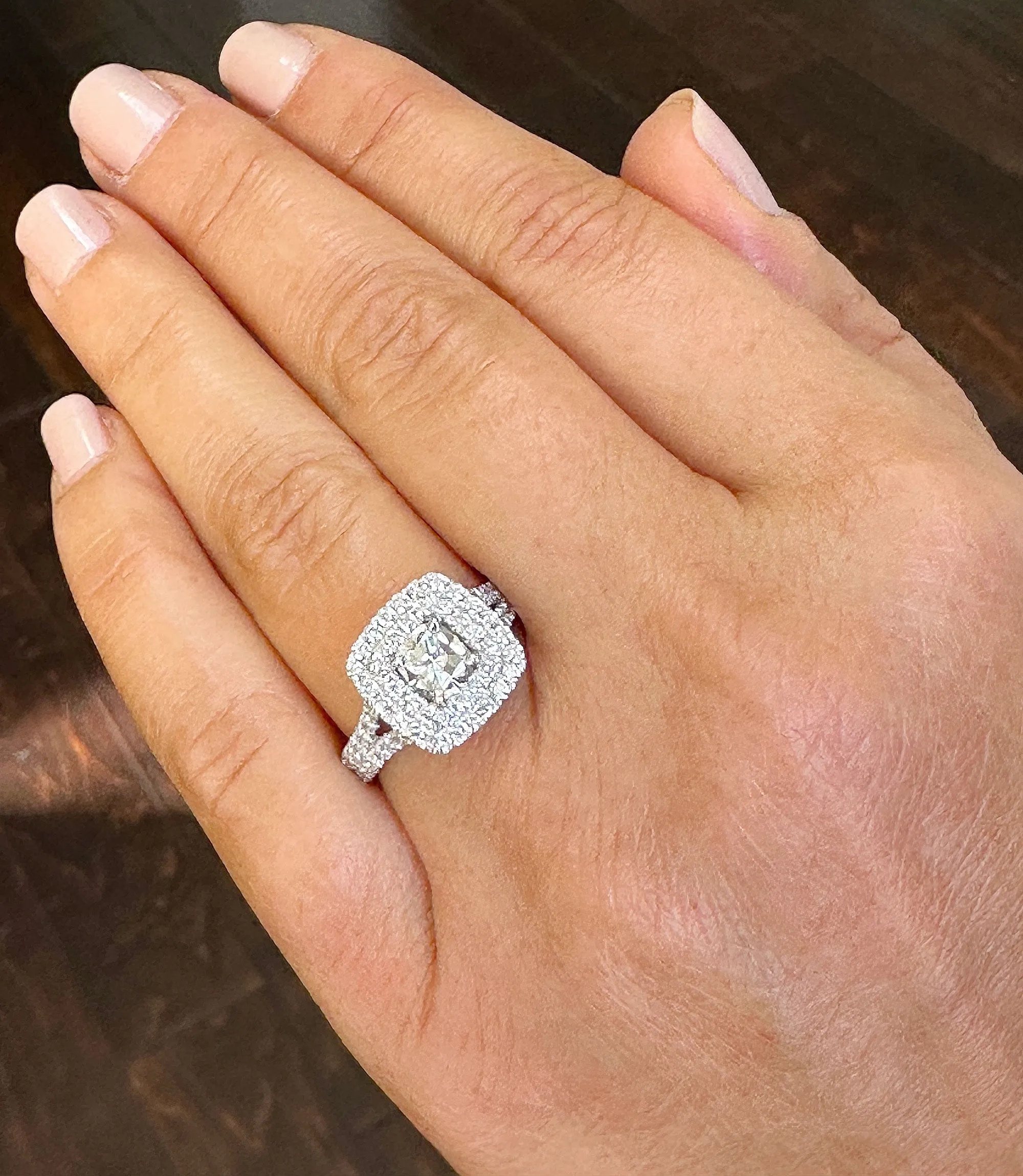 Double Halo Women's 14k solid white gold cushion cut moissanite and natural diamond engagement ring Bridal Wedding Halo 2.00ct