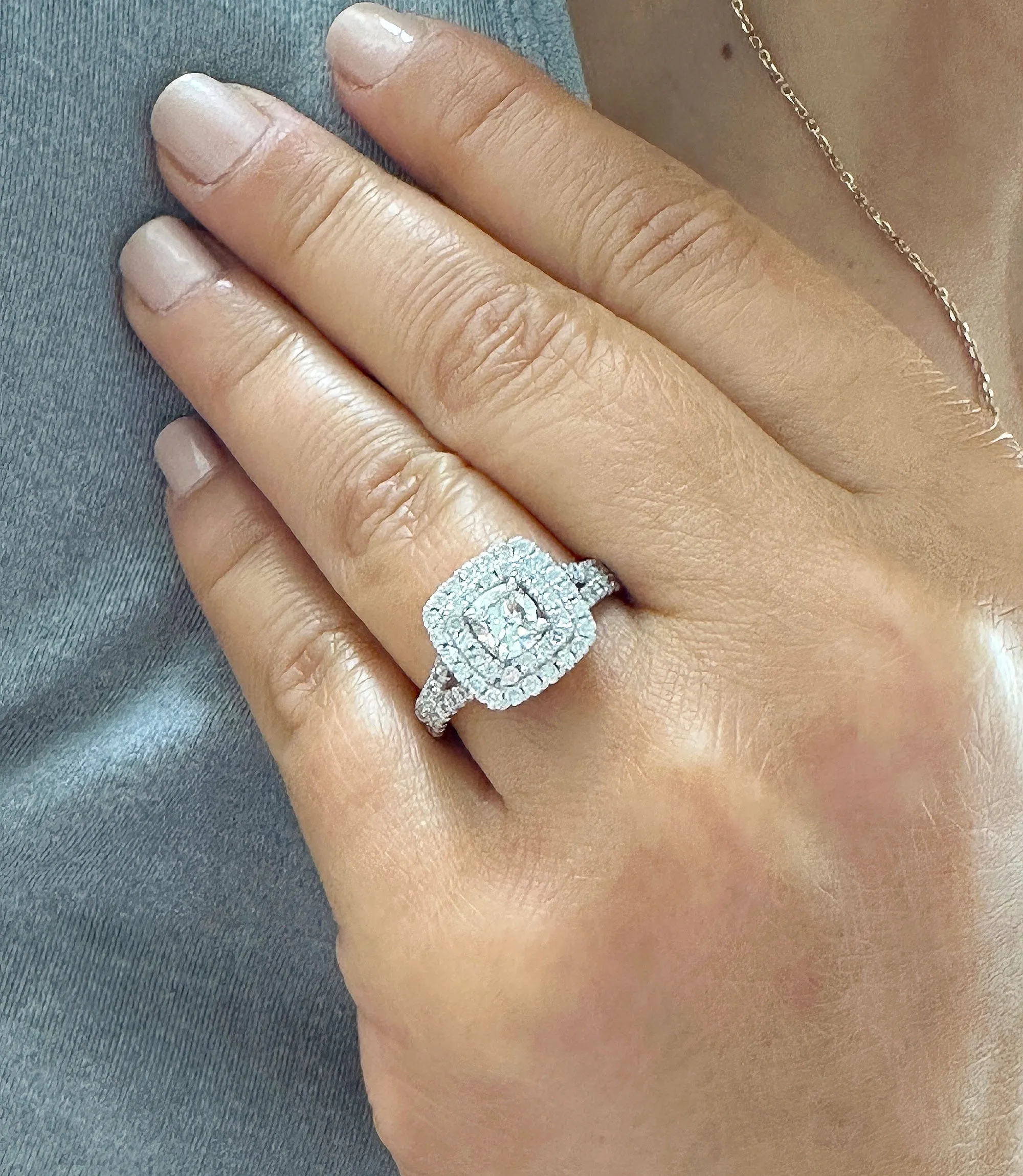 Double Halo Women's 14k solid white gold cushion cut moissanite and natural diamond engagement ring Bridal Wedding Halo 2.00ct