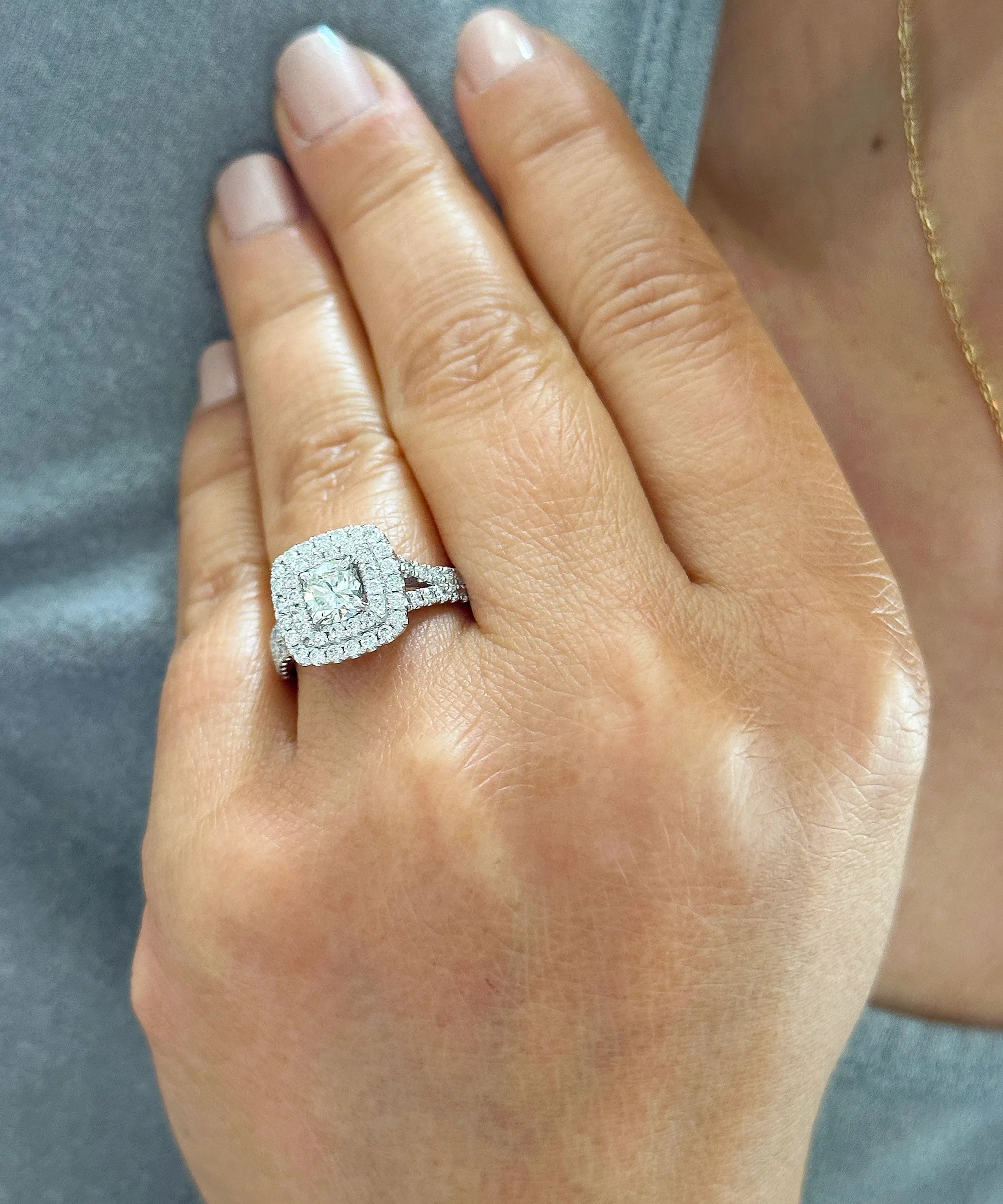 Double Halo Women's 14k solid white gold cushion cut moissanite and natural diamond engagement ring Bridal Wedding Halo 2.00ct