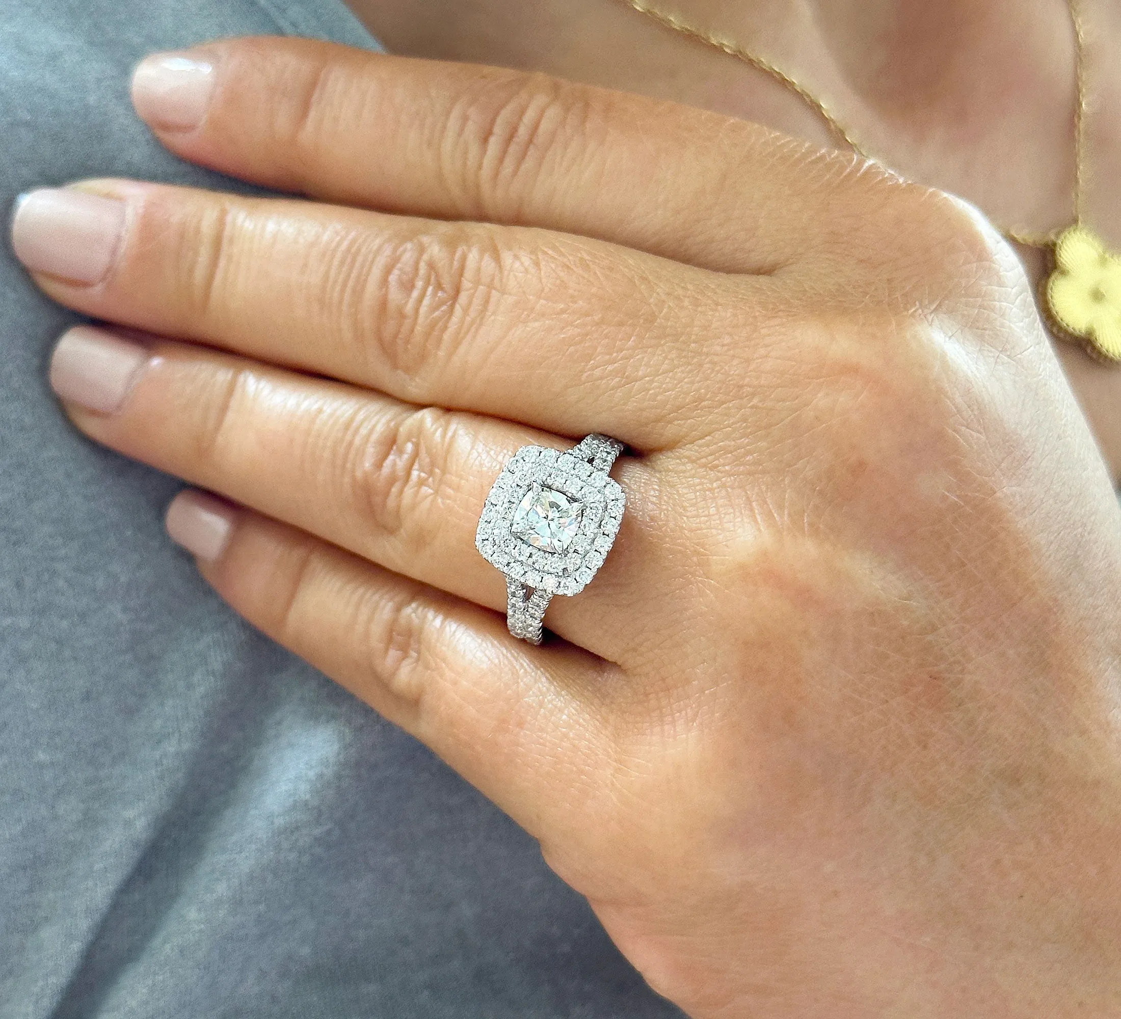 Double Halo Women's 14k solid white gold cushion cut moissanite and natural diamond engagement ring Bridal Wedding Halo 2.00ct