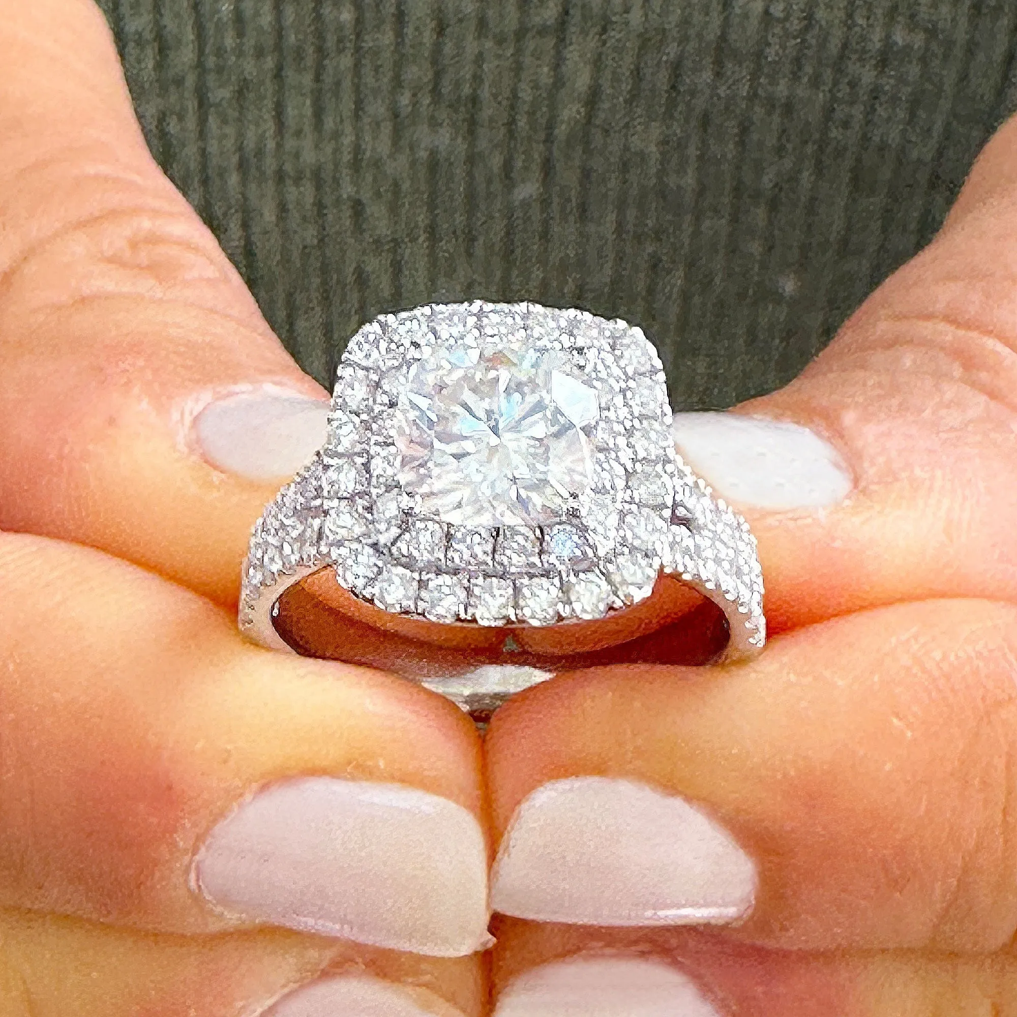 Double Halo Women's 14k solid white gold cushion cut moissanite and natural diamond engagement ring Bridal Wedding Halo 2.80ct
