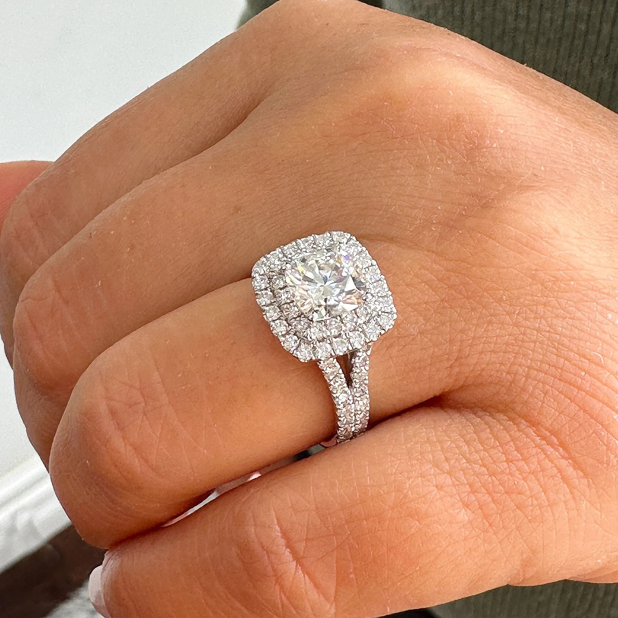 Double Halo Women's 14k solid white gold cushion cut moissanite and natural diamond engagement ring Bridal Wedding Halo 2.80ct