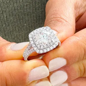 Double Halo Women's 14k solid white gold cushion cut moissanite and natural diamond engagement ring Bridal Wedding Halo 2.80ct