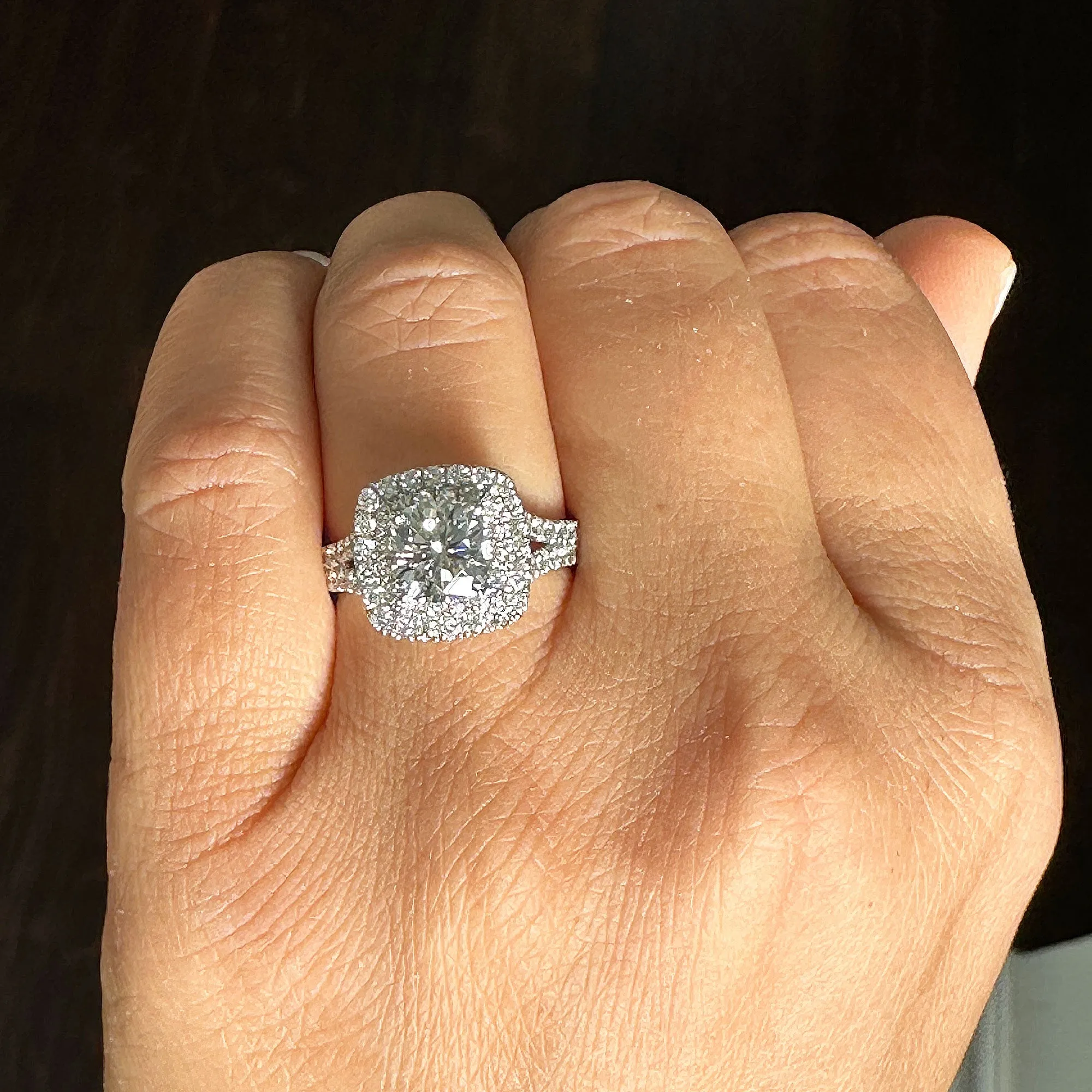 Double Halo Women's 14k solid white gold cushion cut moissanite and natural diamond engagement ring Bridal Wedding Halo 2.80ct