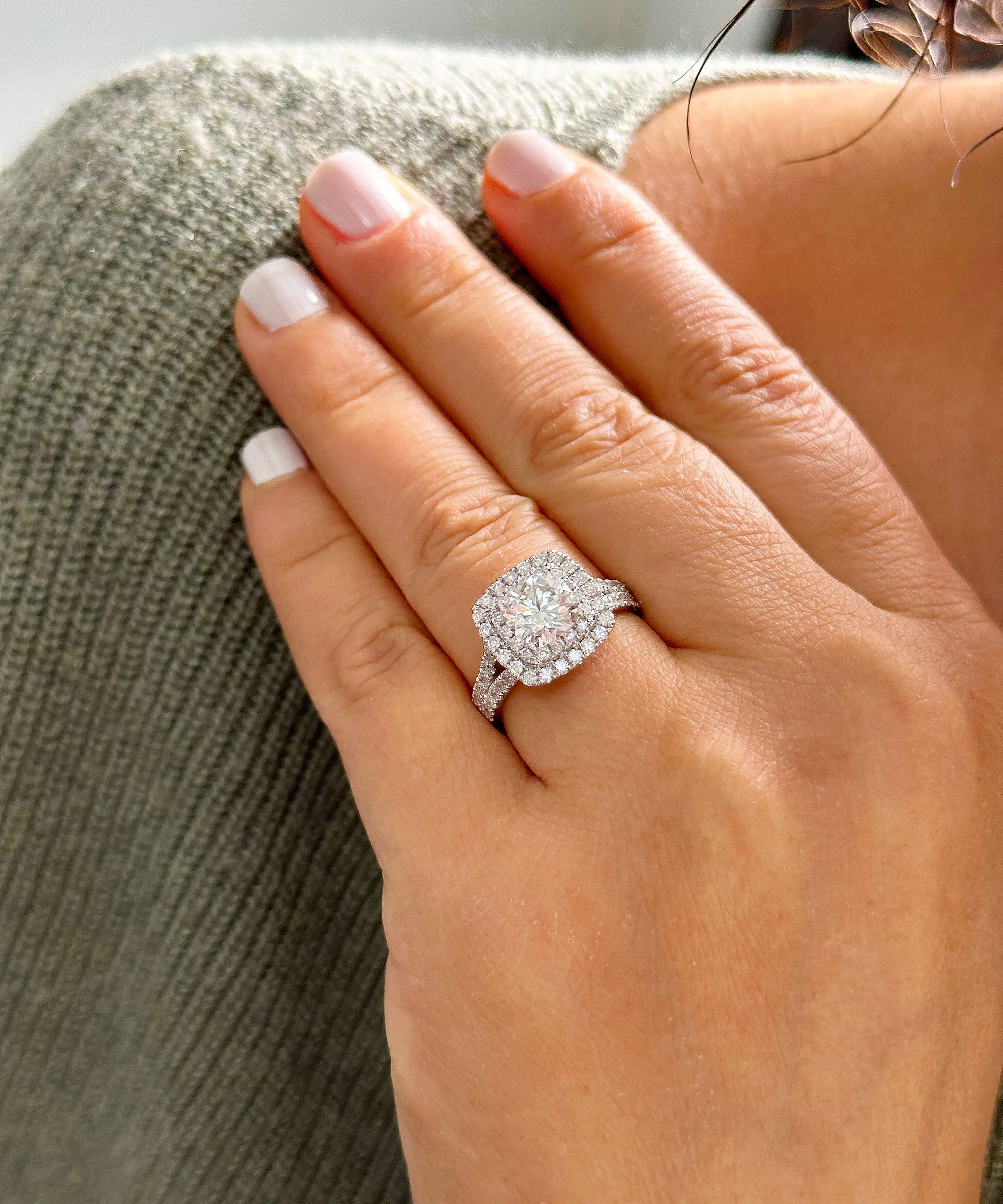 Double Halo Women's 14k solid white gold cushion cut moissanite and natural diamond engagement ring Bridal Wedding Halo 2.80ct
