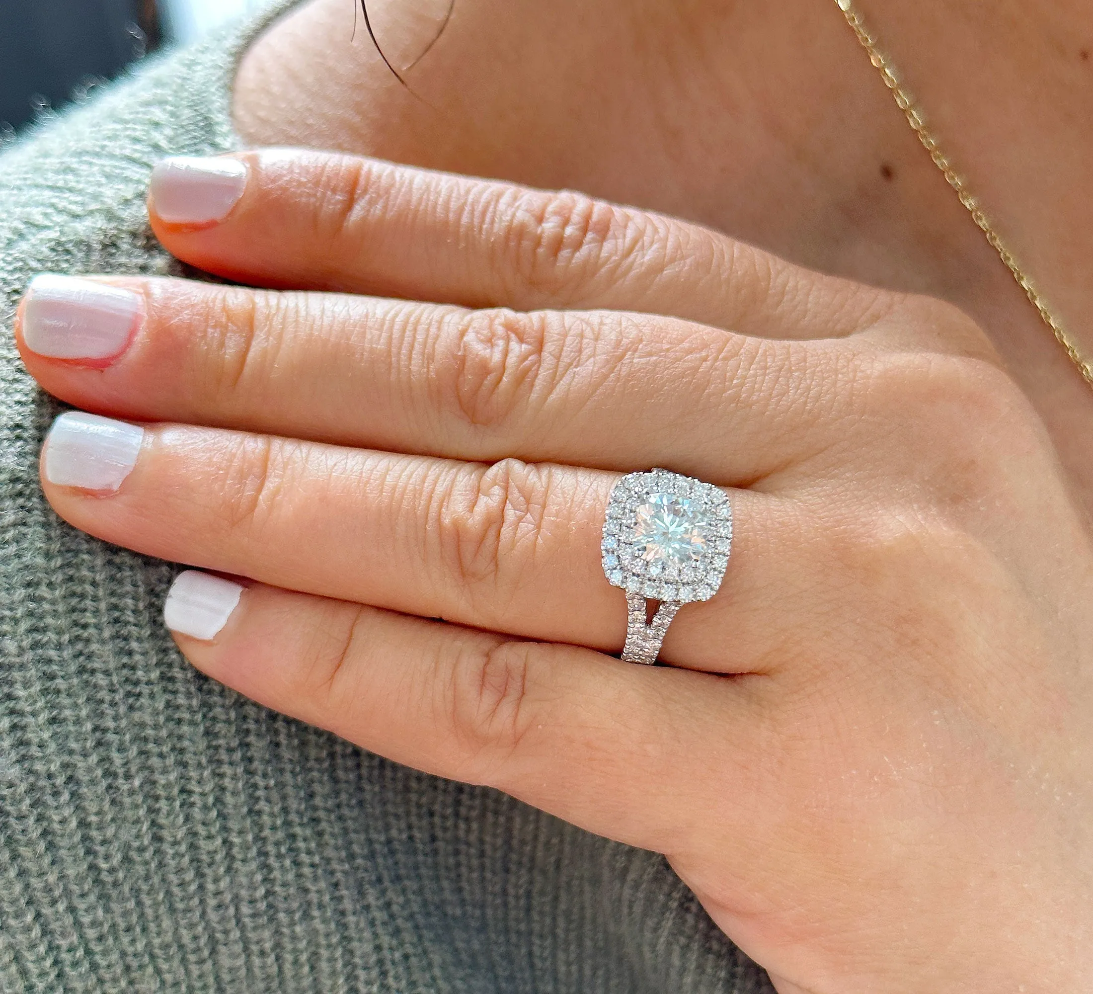 Double Halo Women's 14k solid white gold cushion cut moissanite and natural diamond engagement ring Bridal Wedding Halo 2.80ct