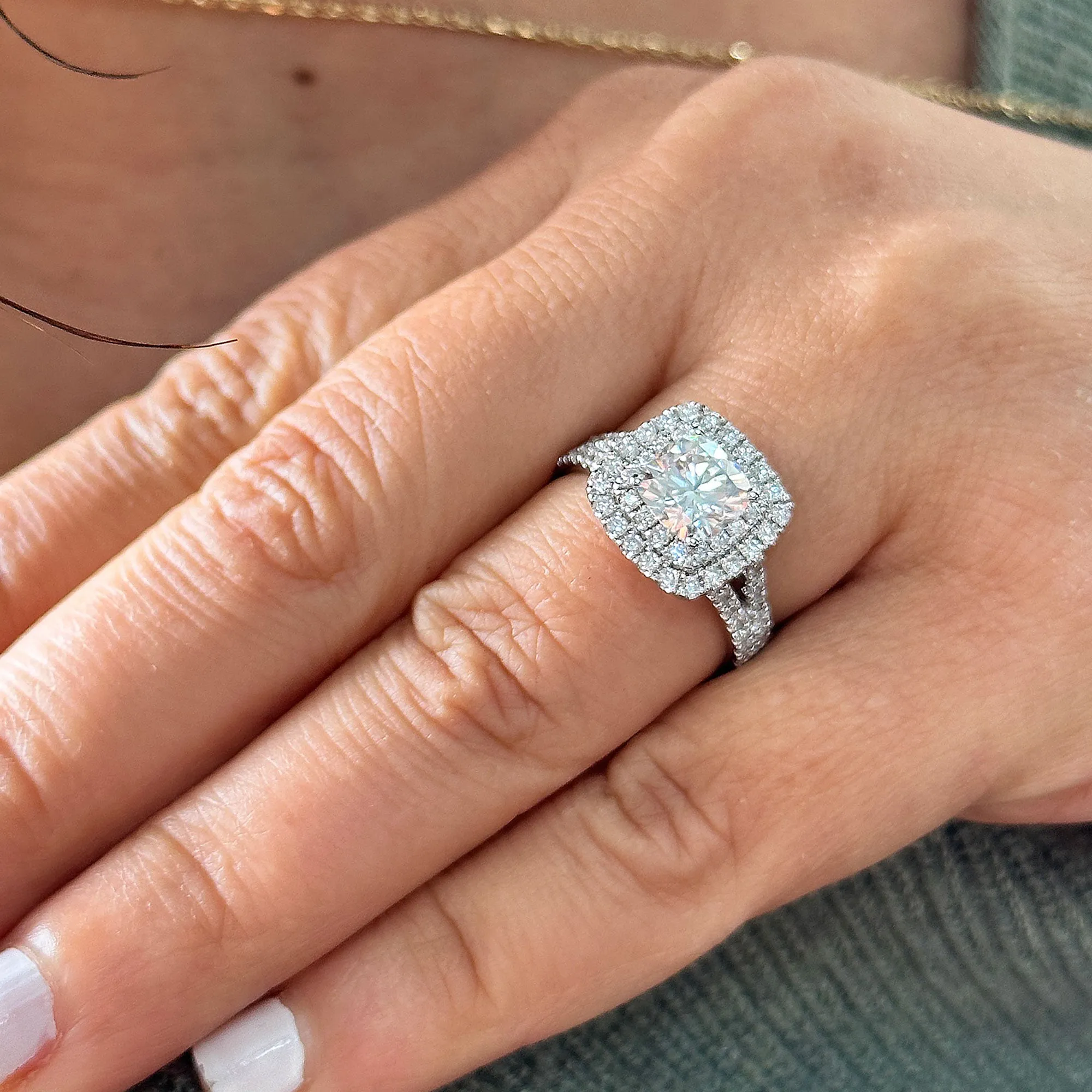 Double Halo Women's 14k solid white gold cushion cut moissanite and natural diamond engagement ring Bridal Wedding Halo 2.80ct