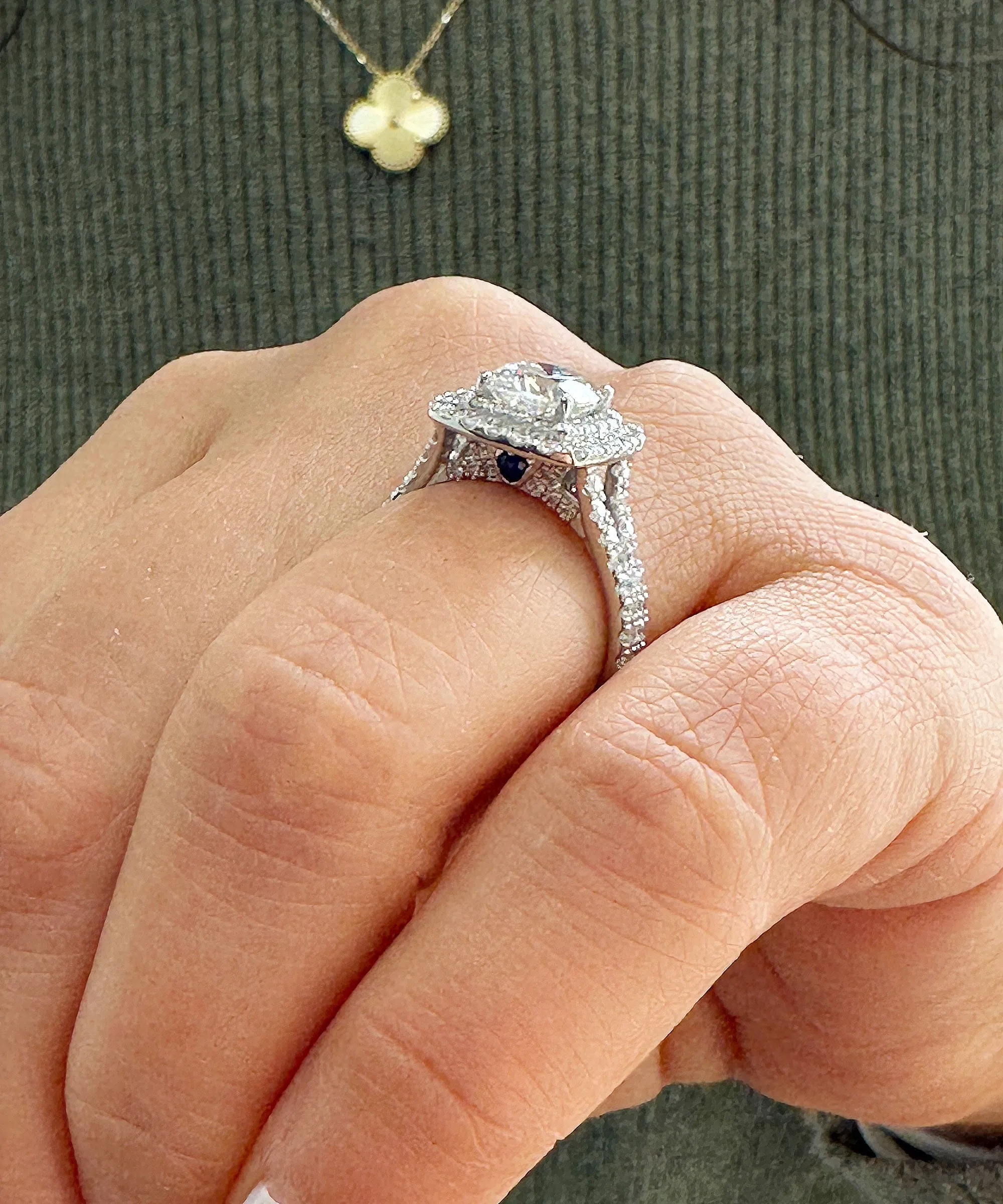 Double Halo Women's 14k solid white gold cushion cut moissanite and natural diamond engagement ring Bridal Wedding Halo 2.80ct