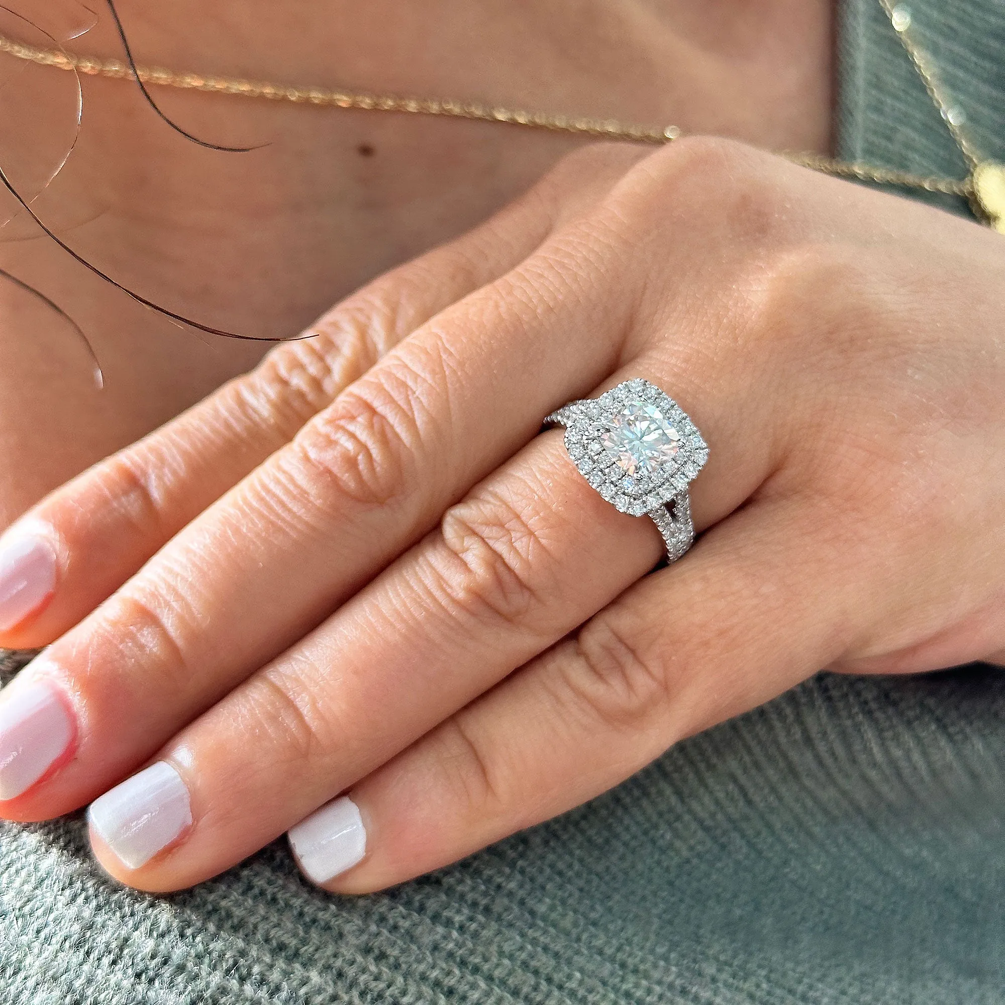 Double Halo Women's 14k solid white gold cushion cut moissanite and natural diamond engagement ring Bridal Wedding Halo 2.80ct