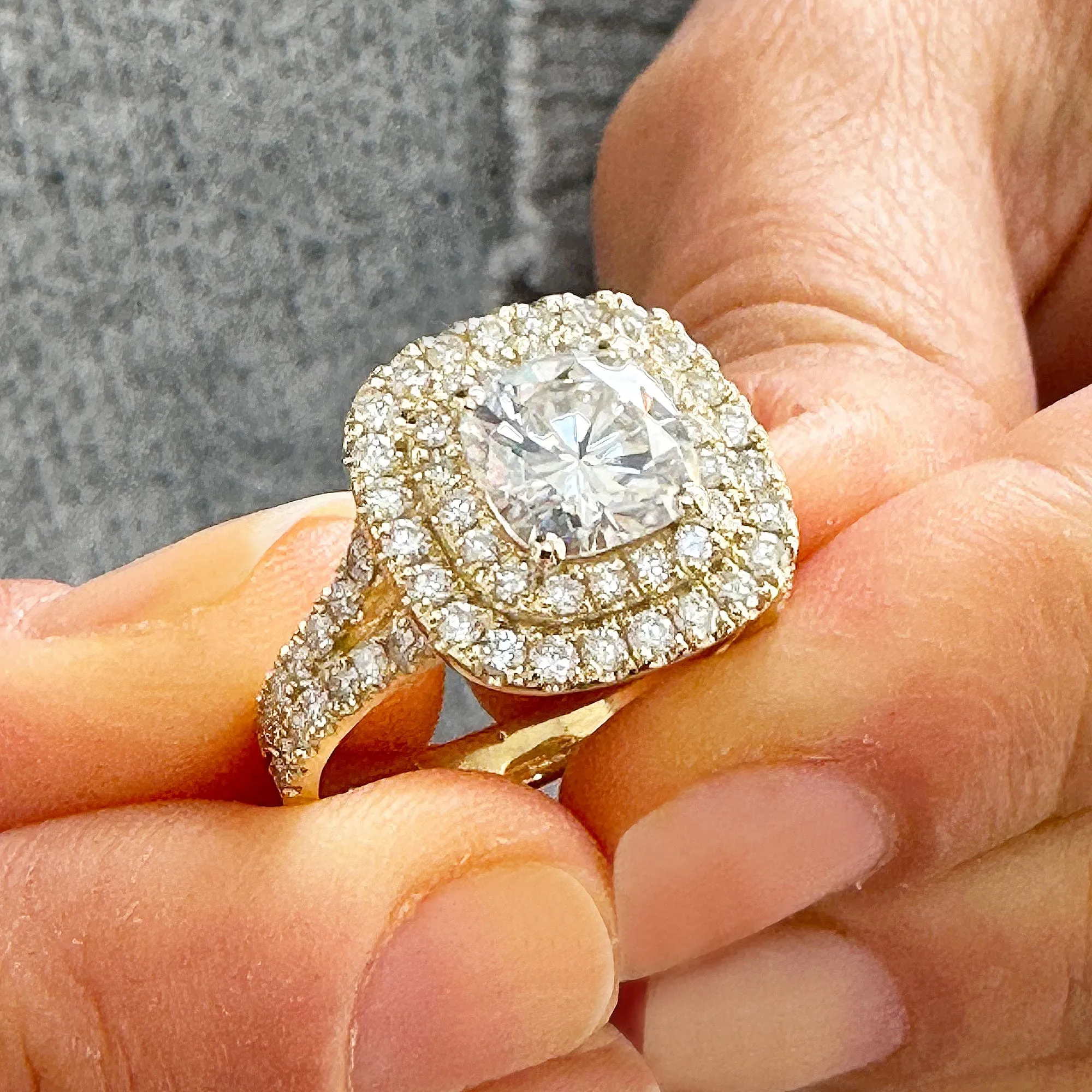 Double Halo Women's 14K Solid Yellow Gold Cushion Cut Moissanite And Natural Diamond Engagement Ring 2.80ctw