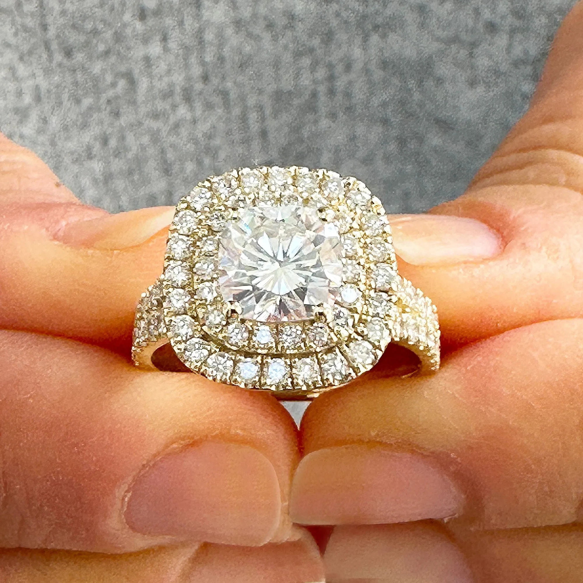 Double Halo Women's 14K Solid Yellow Gold Cushion Cut Moissanite And Natural Diamond Engagement Ring 2.80ctw