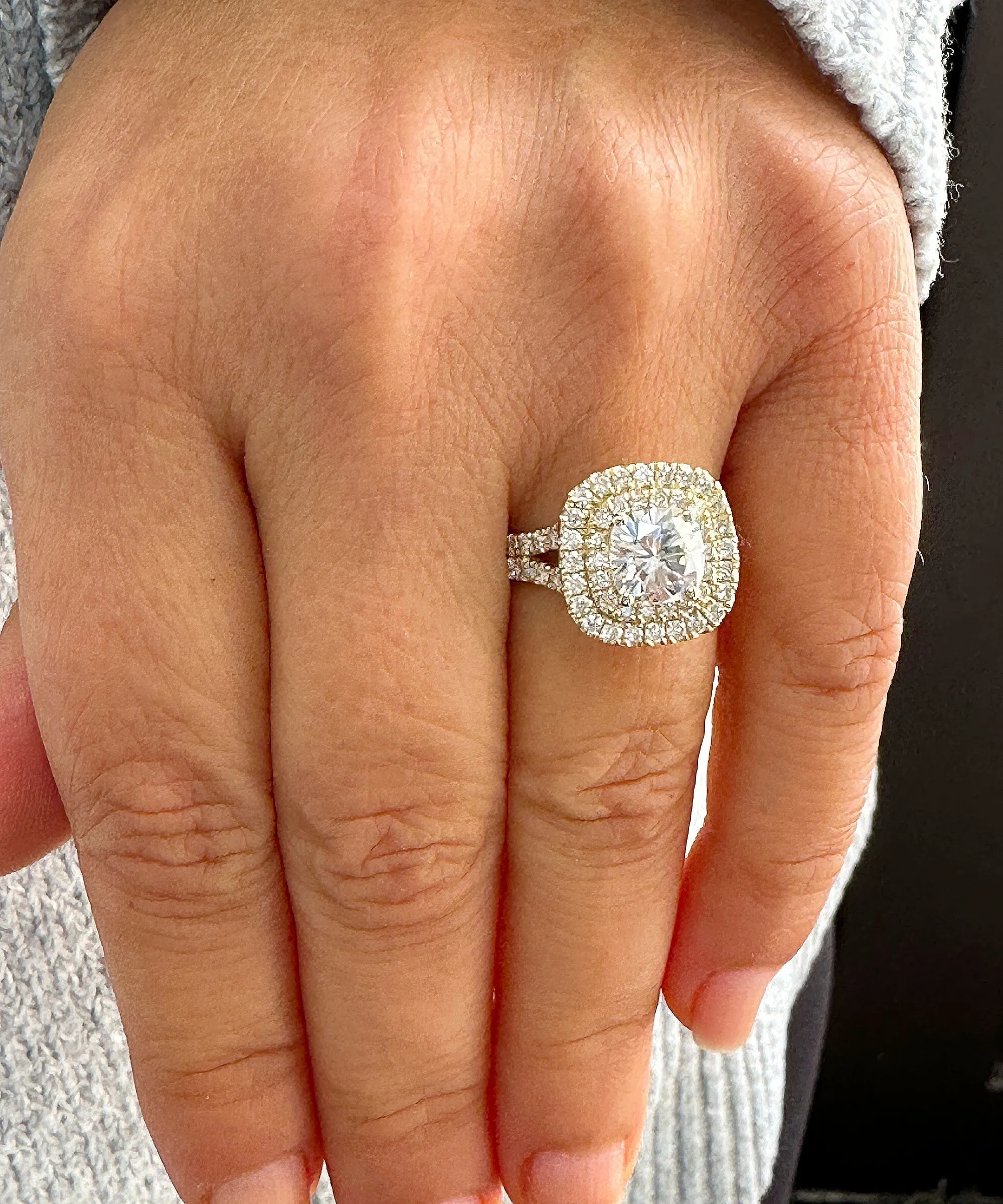 Double Halo Women's 14K Solid Yellow Gold Cushion Cut Moissanite And Natural Diamond Engagement Ring 2.80ctw