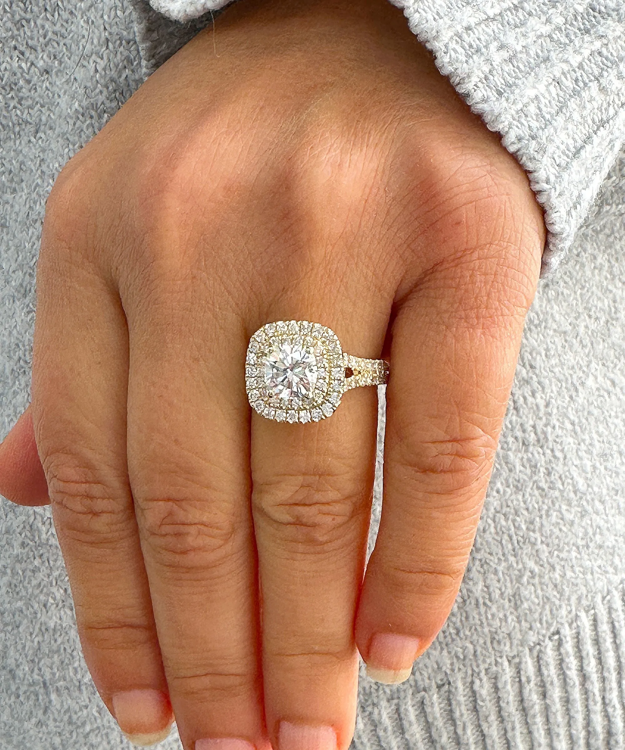 Double Halo Women's 14K Solid Yellow Gold Cushion Cut Moissanite And Natural Diamond Engagement Ring 2.80ctw