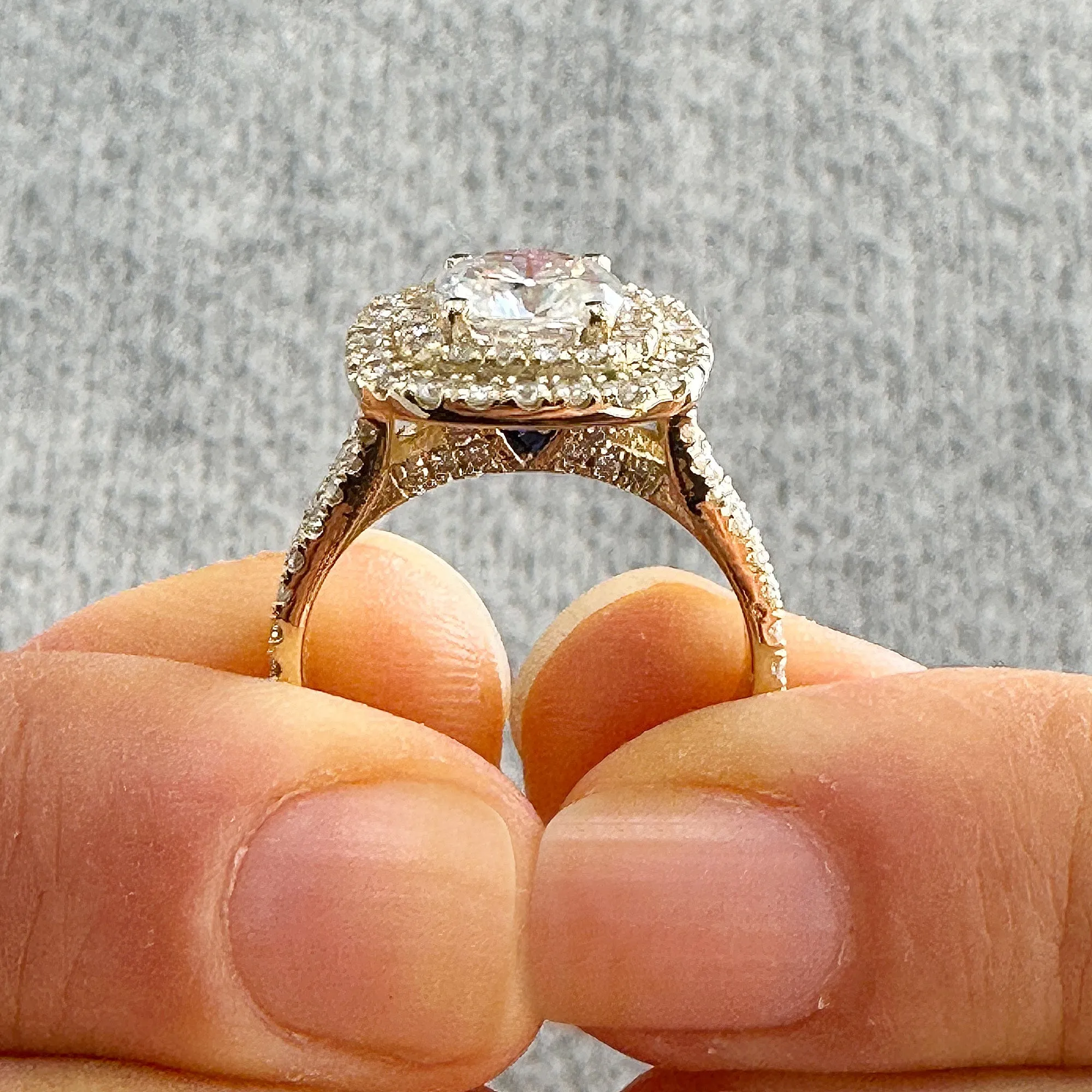Double Halo Women's 14K Solid Yellow Gold Cushion Cut Moissanite And Natural Diamond Engagement Ring 2.80ctw