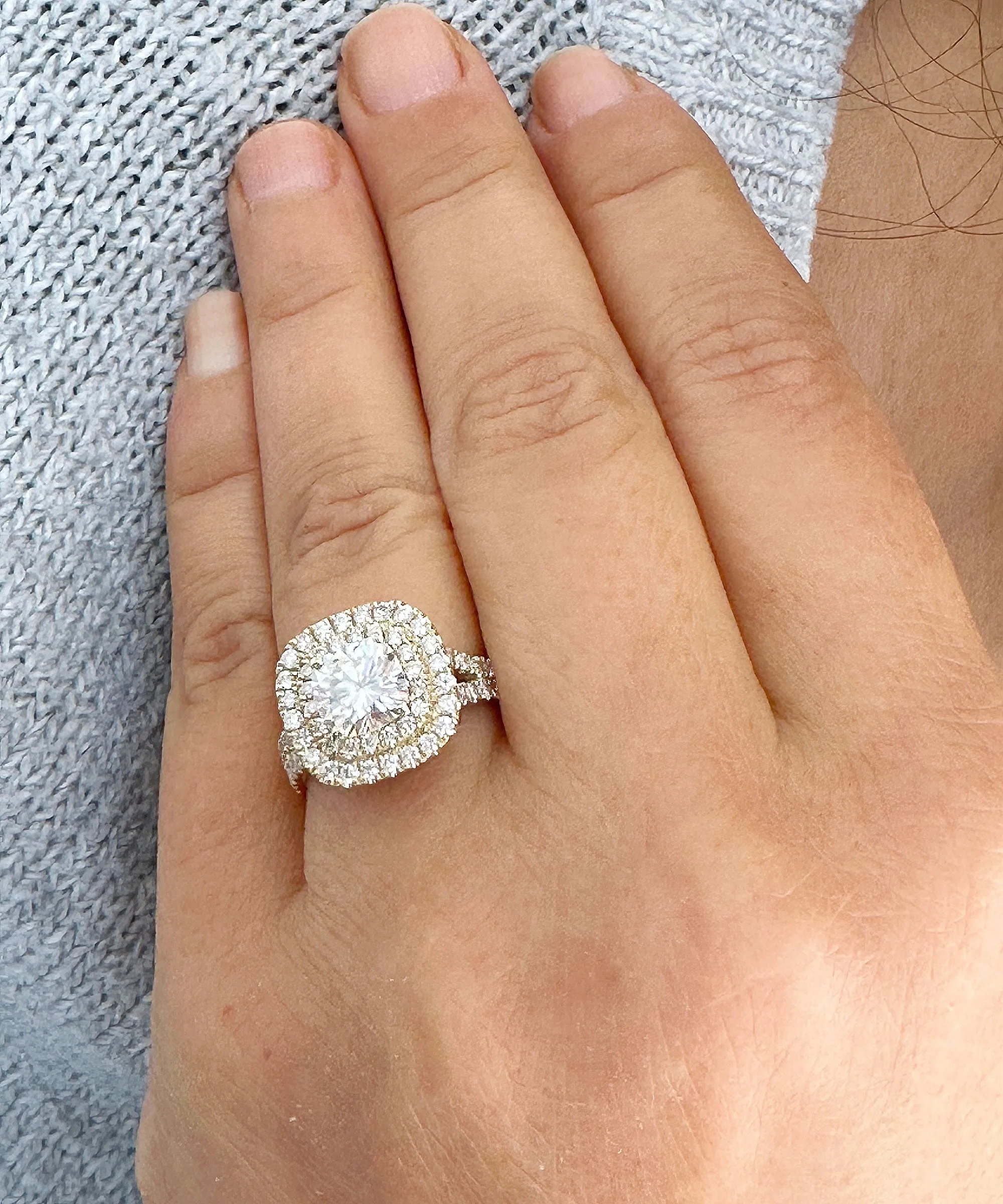 Double Halo Women's 14K Solid Yellow Gold Cushion Cut Moissanite And Natural Diamond Engagement Ring 2.80ctw
