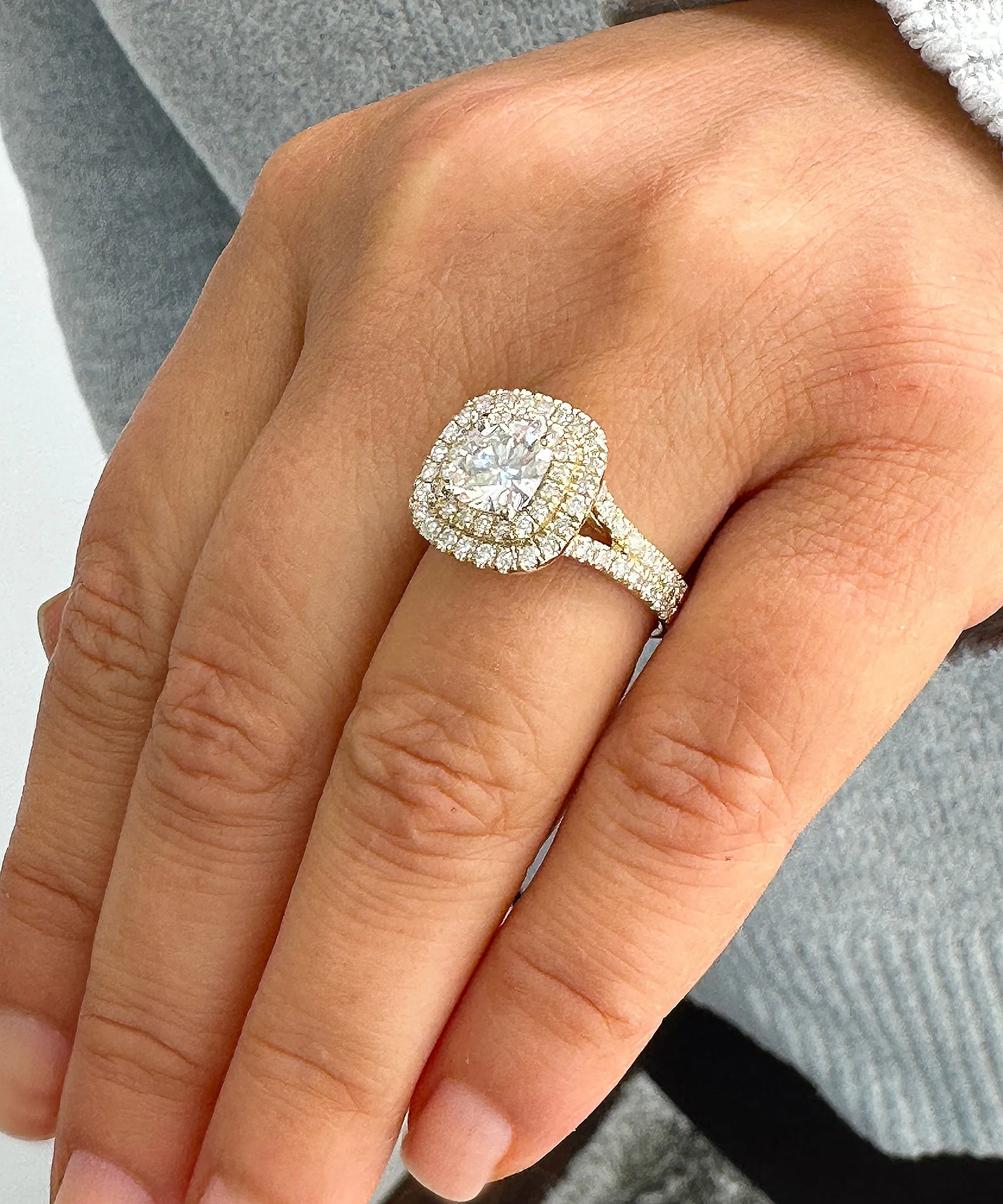 Double Halo Women's 14K Solid Yellow Gold Cushion Cut Moissanite And Natural Diamond Engagement Ring 2.80ctw