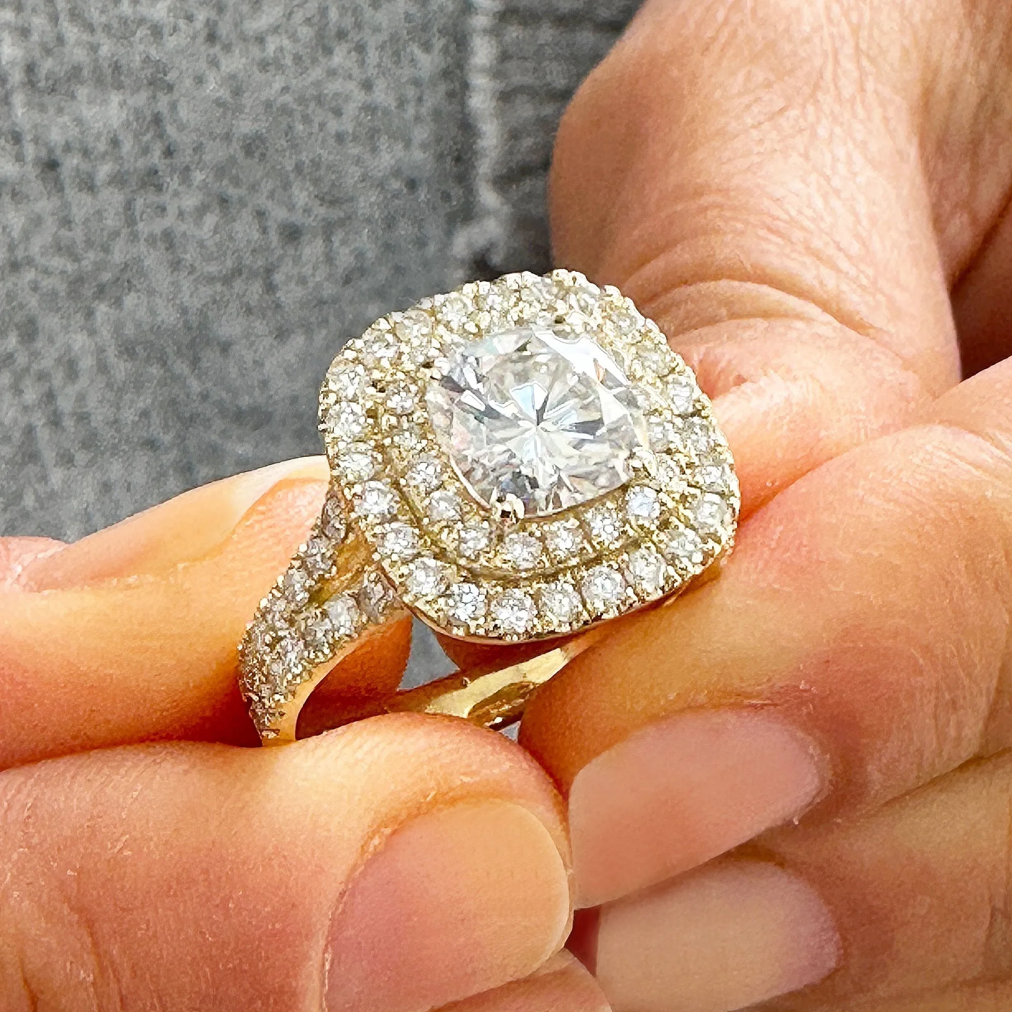 Double Halo Women's 14K Solid Yellow Gold Cushion Cut Moissanite And Natural Diamond Engagement Ring 2.80ctw