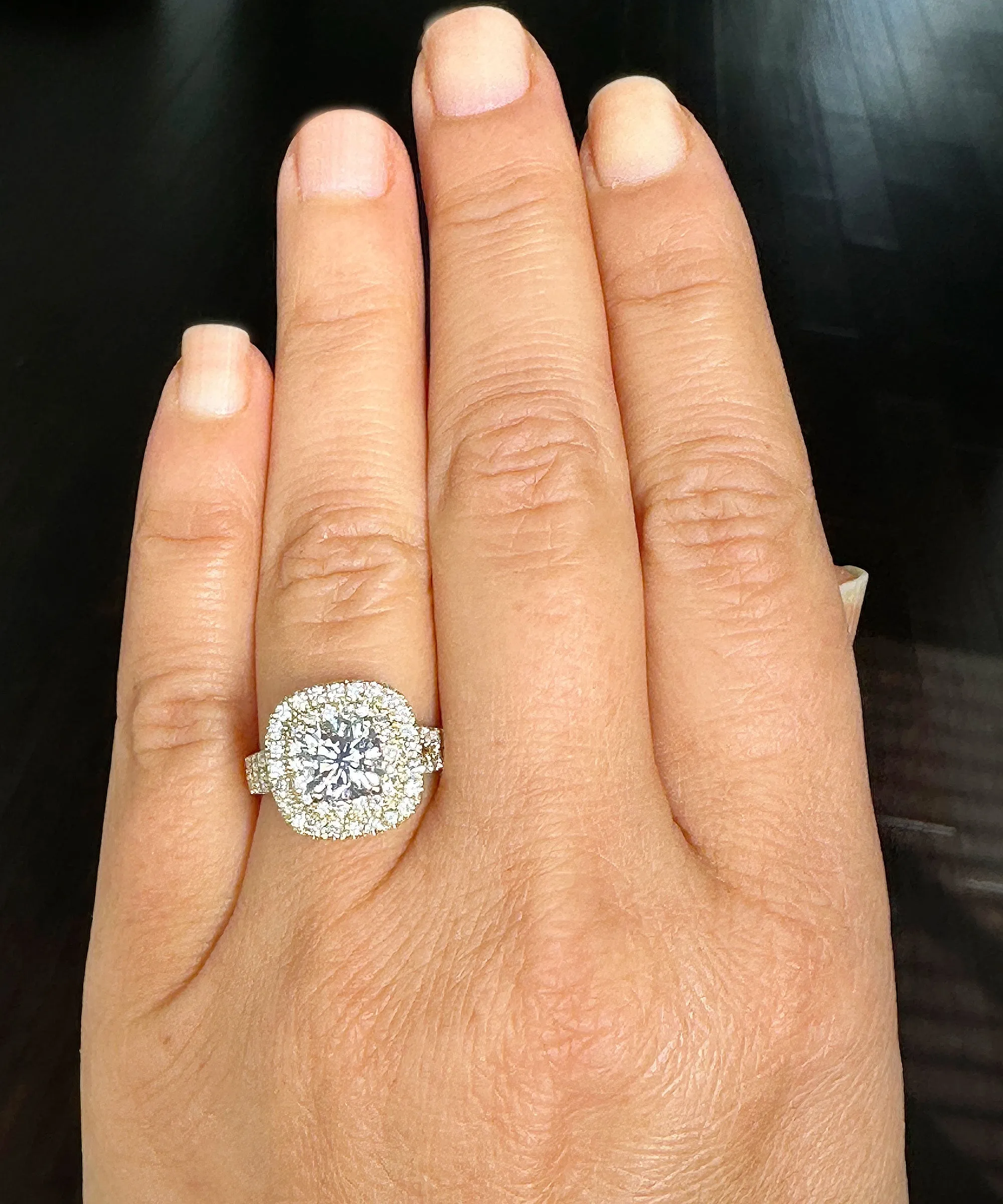 Double Halo Women's 14K Solid Yellow Gold Cushion Cut Moissanite And Natural Diamond Engagement Ring 2.80ctw