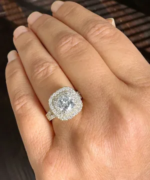 Double Halo Women's 14K Solid Yellow Gold Cushion Cut Moissanite And Natural Diamond Engagement Ring 2.80ctw