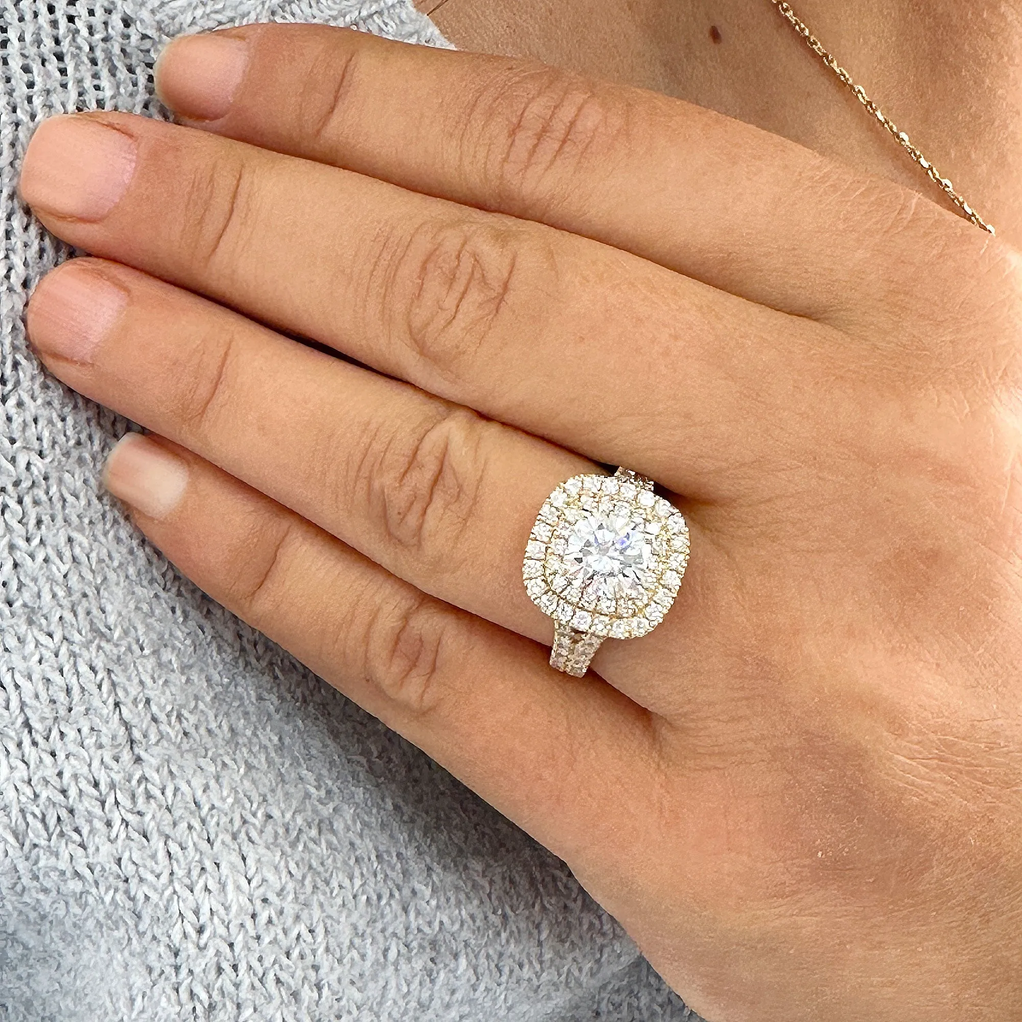 Double Halo Women's 14K Solid Yellow Gold Cushion Cut Moissanite And Natural Diamond Engagement Ring 2.80ctw