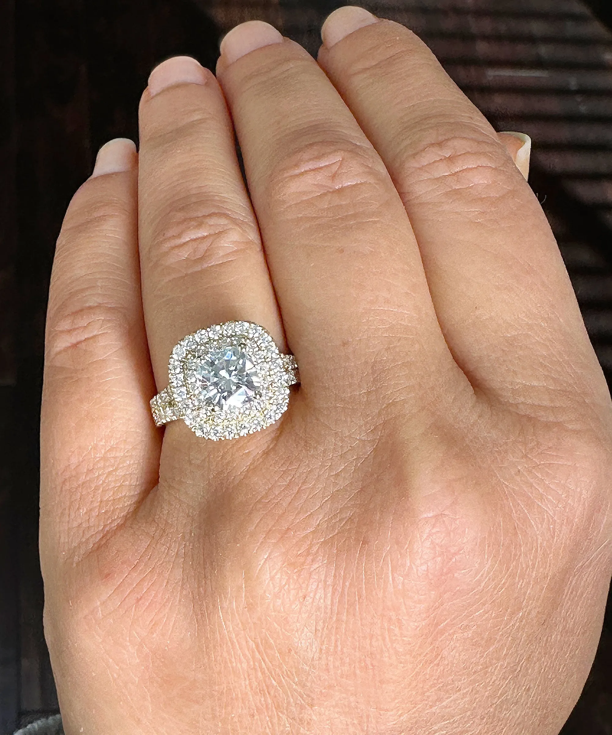Double Halo Women's 14K Solid Yellow Gold Cushion Cut Moissanite And Natural Diamond Engagement Ring 2.80ctw