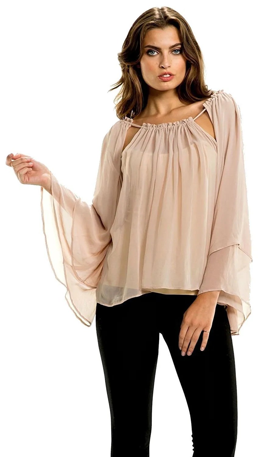 Elan Blouse Chiffon Tunic Top with Adjustable Cut Out Neckline