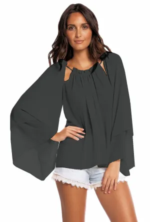 Elan Blouse Chiffon Tunic Top with Adjustable Cut Out Neckline